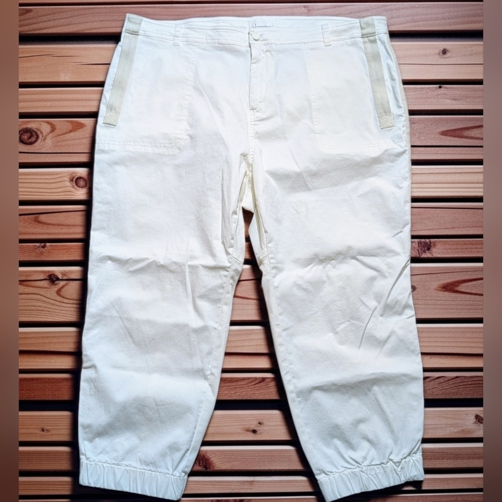 Anthropologie Cropped White Cotton Women's Pants Plus Elastic Hem Pockets Button